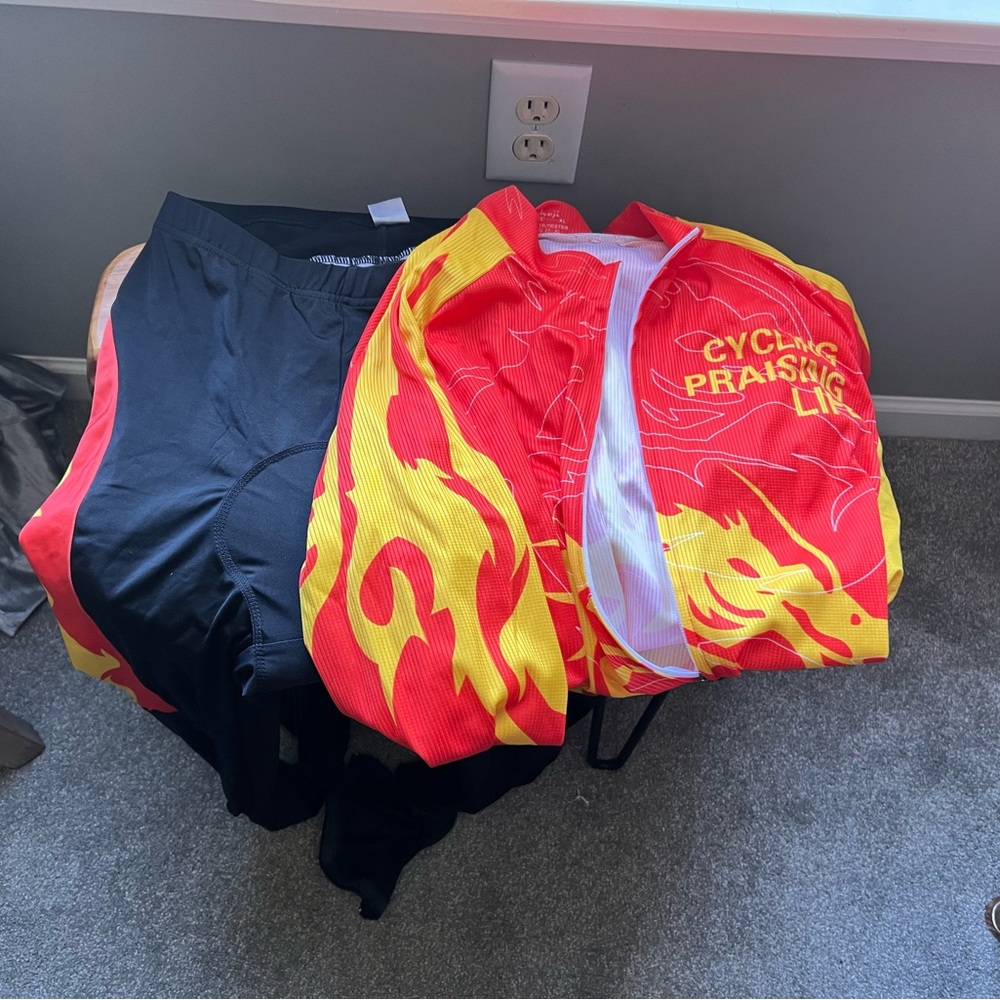 Red and Yellow Men's Long Sleeve Jersey and Long Cycling Pants